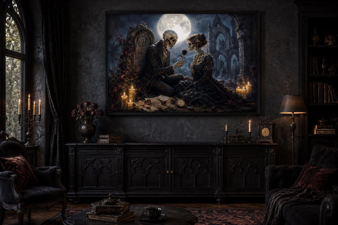 Gothic skeleton couple art canvas hanging in a dark academia room with vintage furniture.