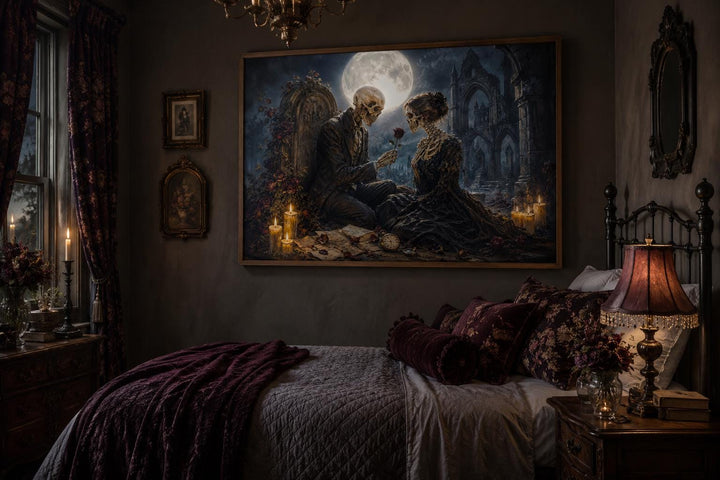 Gothic skeleton couple canvas art in a dark academia bedroom with moody lighting and vintage decor.