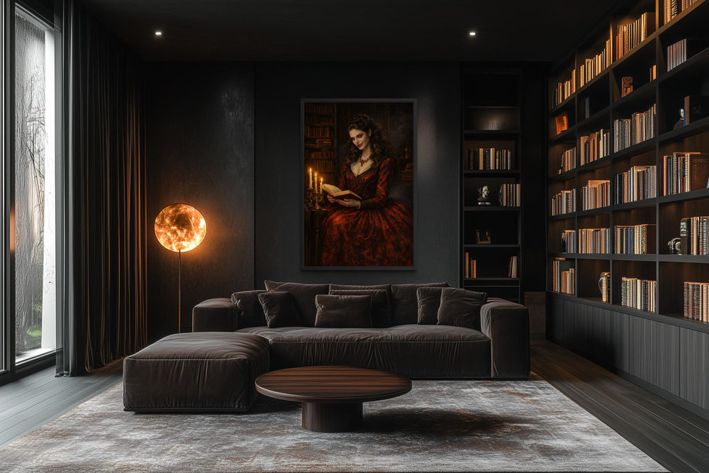 Gothic Vampire Queen canvas wall art in a dark academia library setting above a modern sofa.