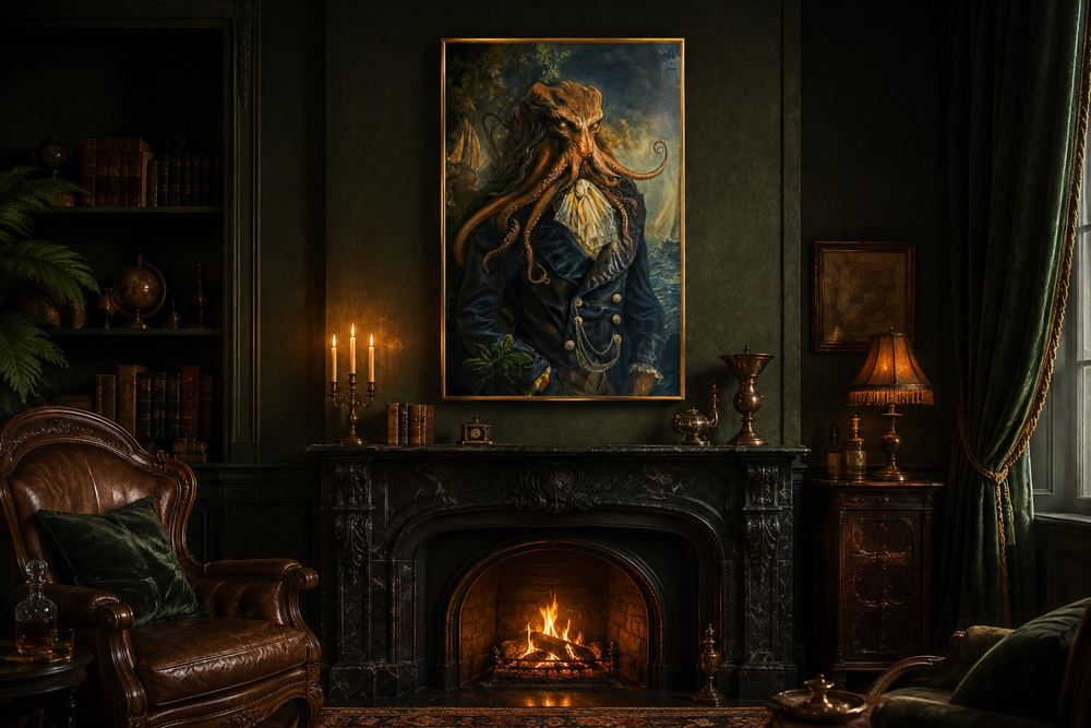 Gothic Victorian Kraken portrait in a gold frame above a fireplace in a dark academia study.