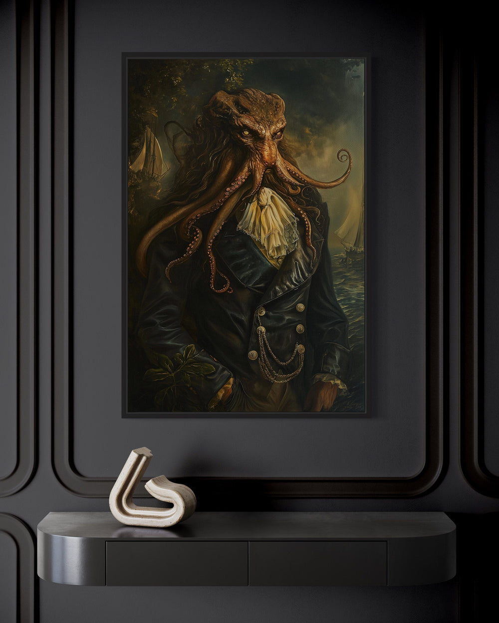 Gothic Victorian Kraken portrait framed canvas wall art.