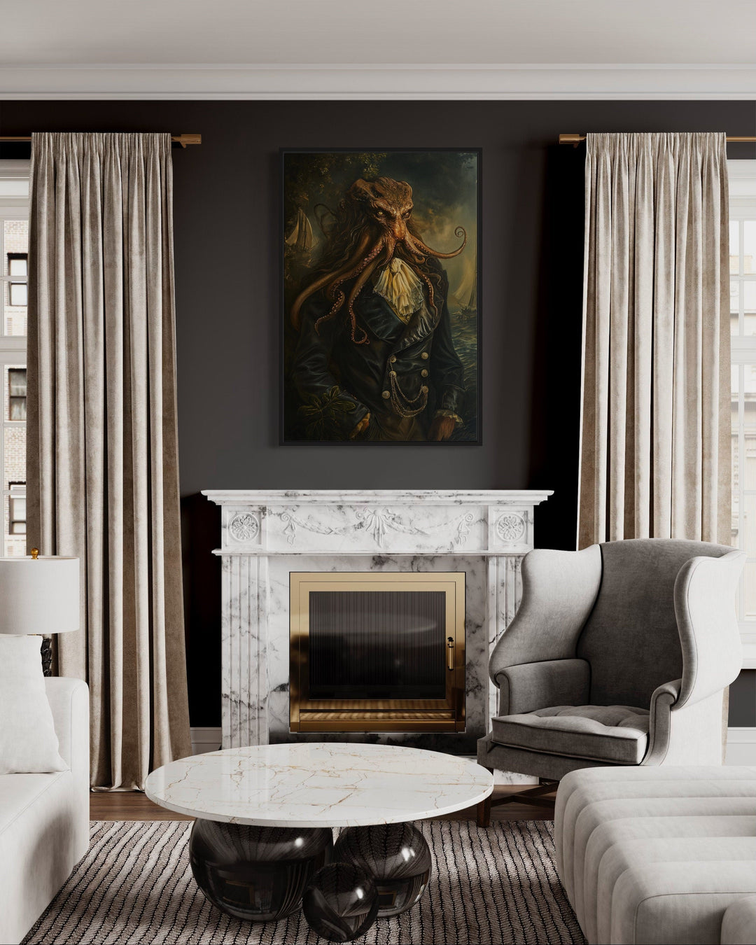 Gothic Victorian Kraken portrait framed canvas wall art.