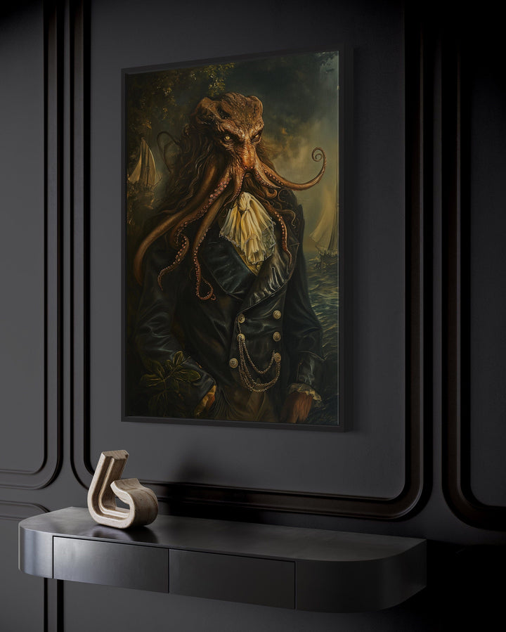 Gothic Victorian Kraken portrait framed canvas wall art.