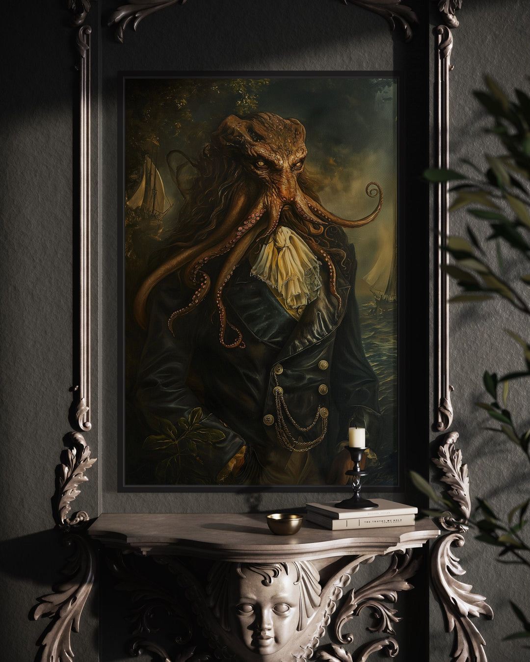 Gothic Victorian Kraken portrait framed canvas wall art.