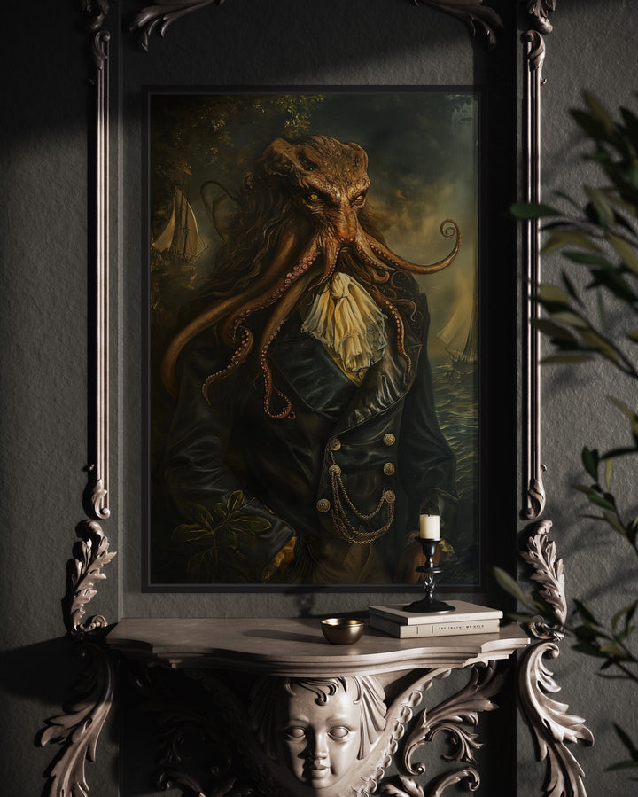 Gothic Victorian Kraken portrait framed canvas wall art.