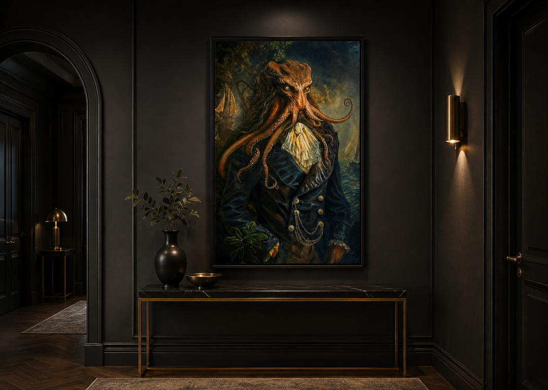 Gothic Victorian Kraken portrait framed canvas wall art in a dark academia hallway setting.