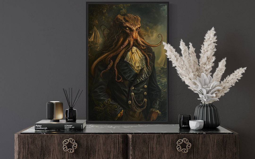 Gothic Victorian Kraken portrait framed canvas wall art.