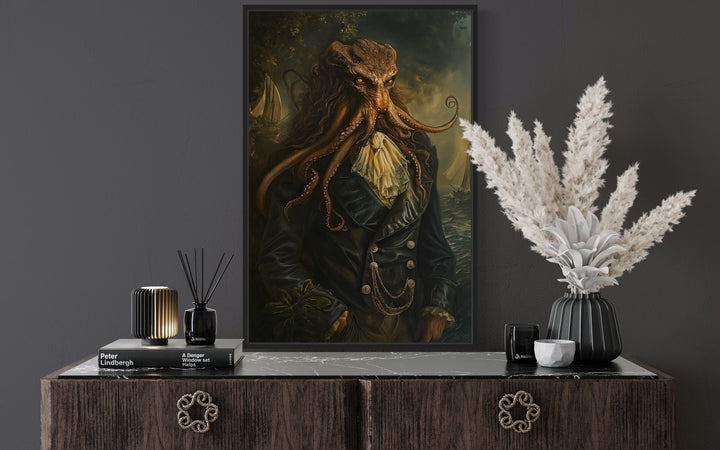 Gothic Victorian Kraken portrait framed canvas wall art.
