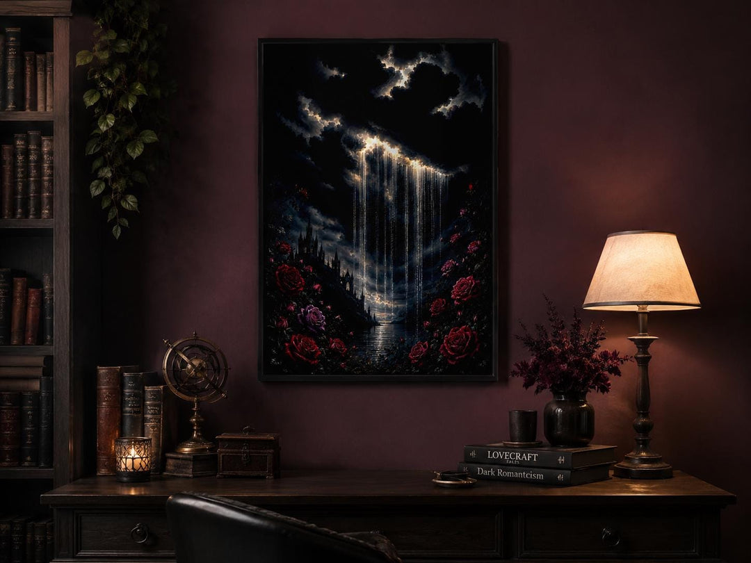 Gothic wall art of a crying cloud over a castle with red roses in a moody, dark academia study.