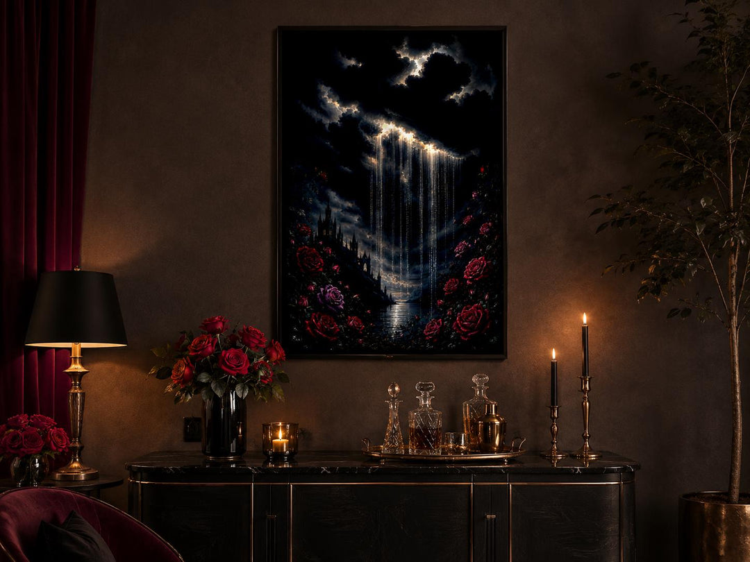 Gothic canvas print of a crying cloud over a castle with red roses in a moody, candlelit room.