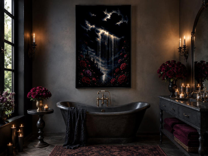 Gothic wall art canvas of a crying cloud over a castle with red roses in a moody bathroom setting.