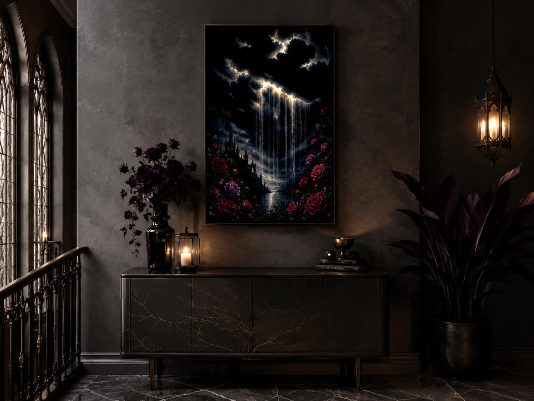 Gothic canvas print of a crying cloud over a castle and red roses in a moody, dark room setting.