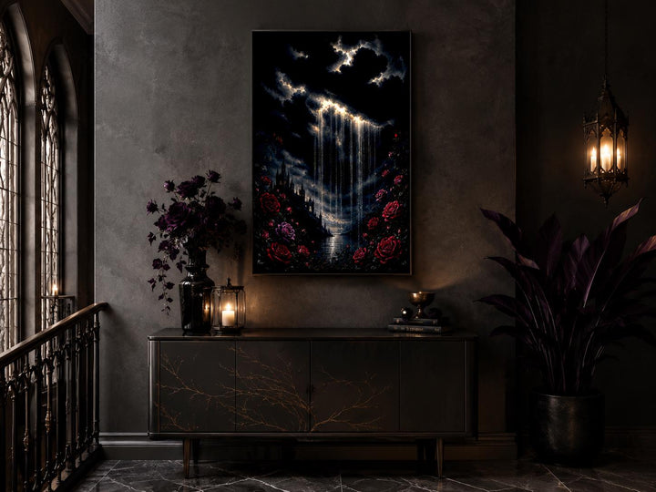 Gothic canvas print of a crying cloud over a castle and red roses in a moody, dark room setting.