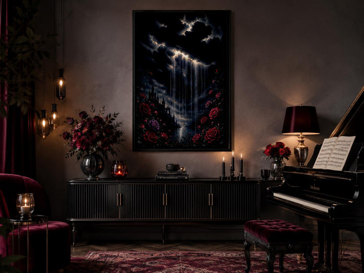 Gothic wall art canvas of a crying cloud over a castle and red roses in a moody living room.