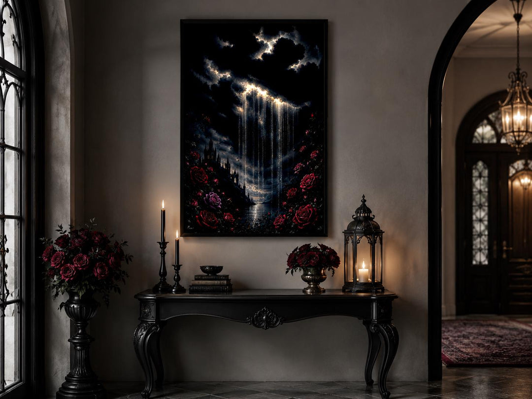 Gothic canvas print of a crying cloud over a castle with red roses on a dark console table.
