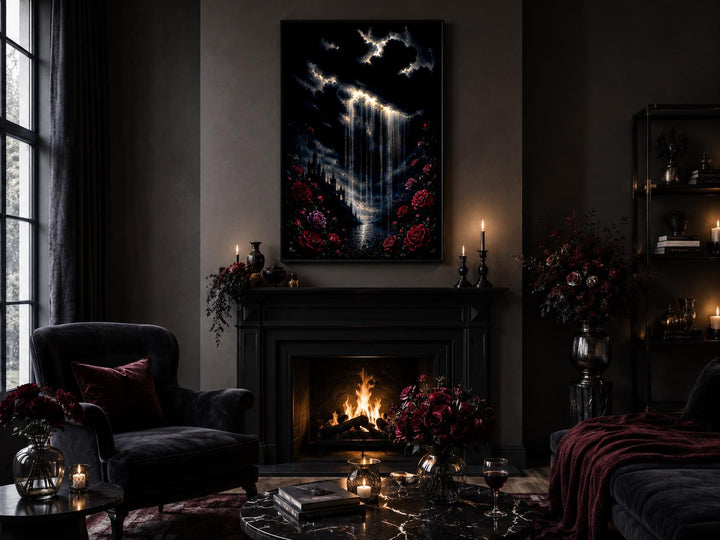 Gothic canvas print of a crying cloud over a castle with red roses above a dark fireplace.