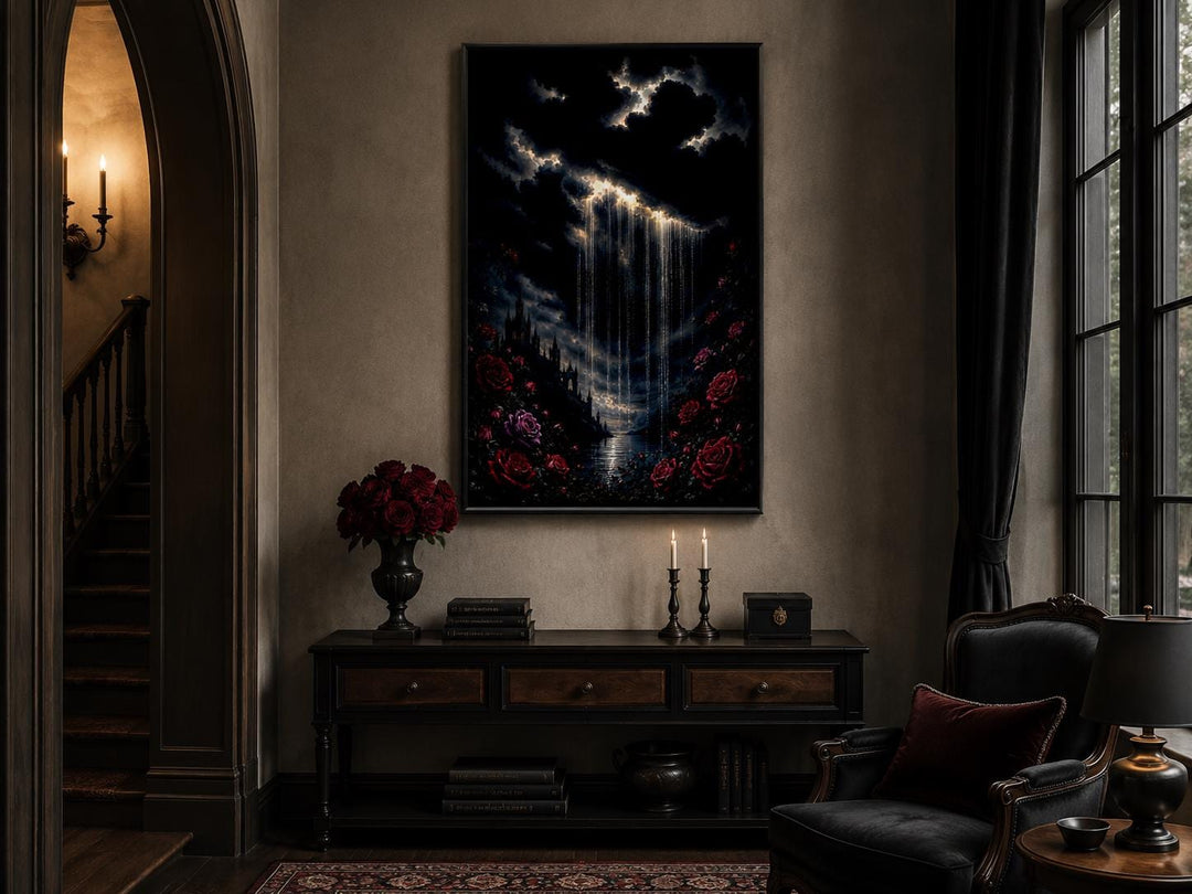 Gothic wall art canvas of a crying cloud over a castle with red roses in a moody room setting.