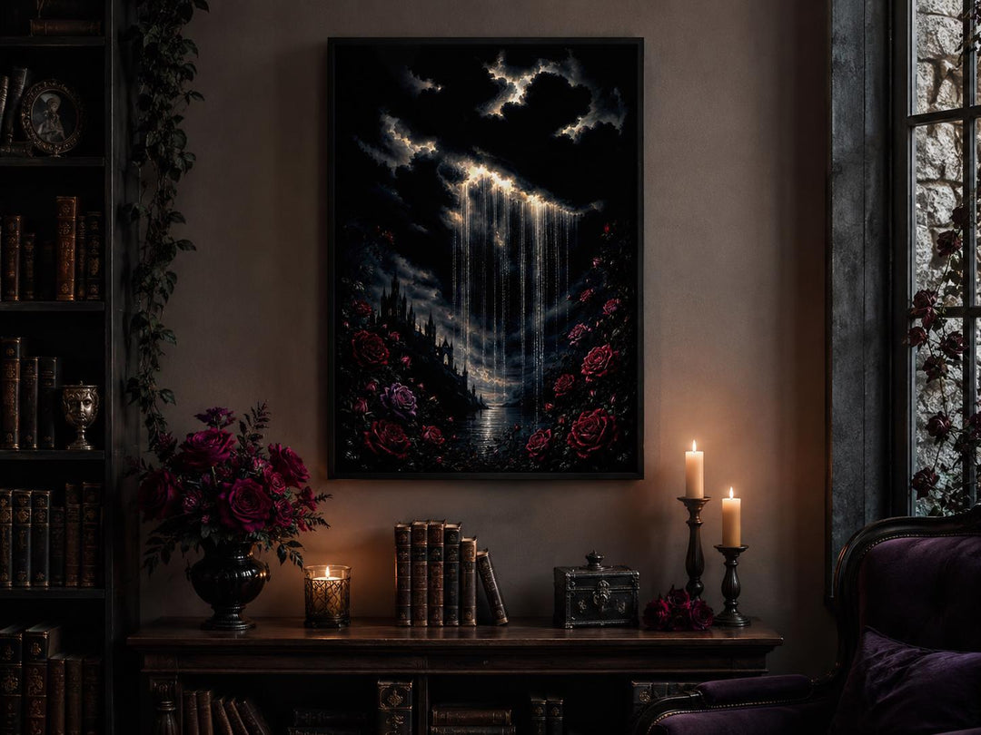 Gothic wall art of a crying cloud over a castle with red roses in a moody, candlelit room.
