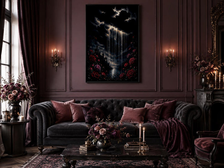 Gothic wall art canvas of a crying cloud over a castle with red roses in a moody living room.