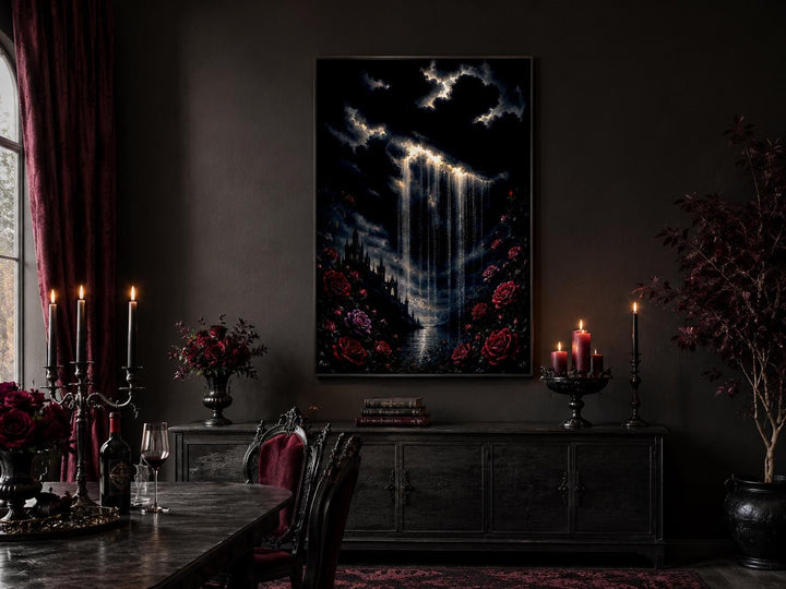 Gothic wall art canvas of a crying cloud over a castle with red roses in a dark, moody room.