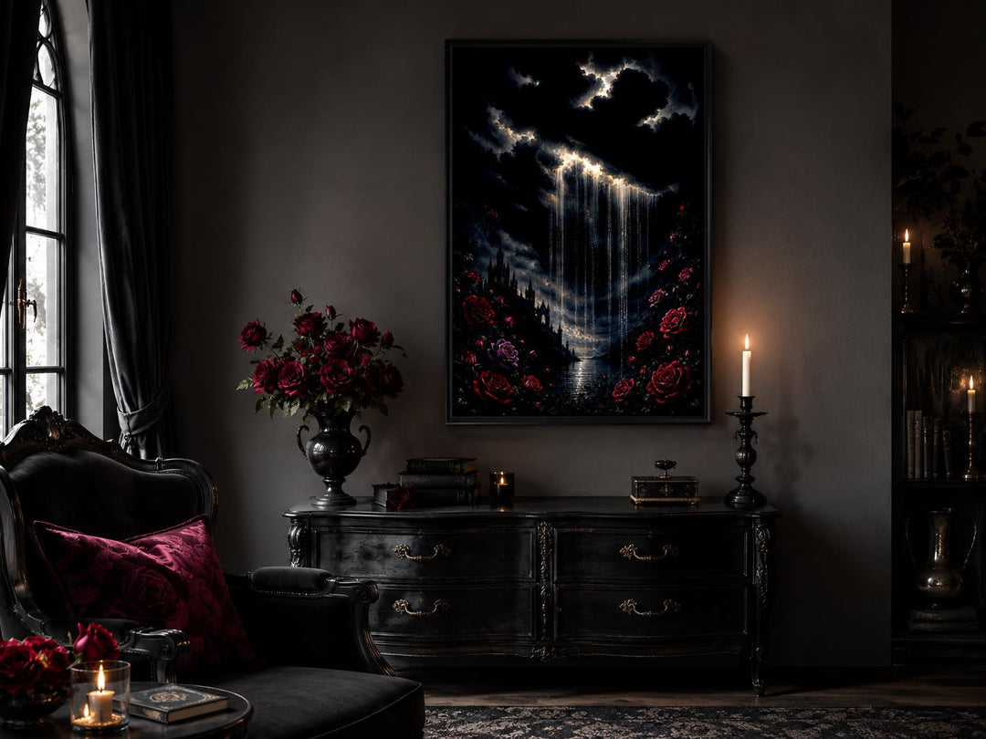 Gothic canvas print of a crying cloud over a castle with red roses in a moody, dark room setting.