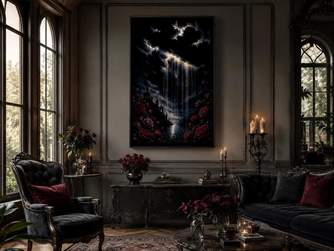 Gothic canvas print of a crying cloud over a castle with red roses in a moody, dark living room.
