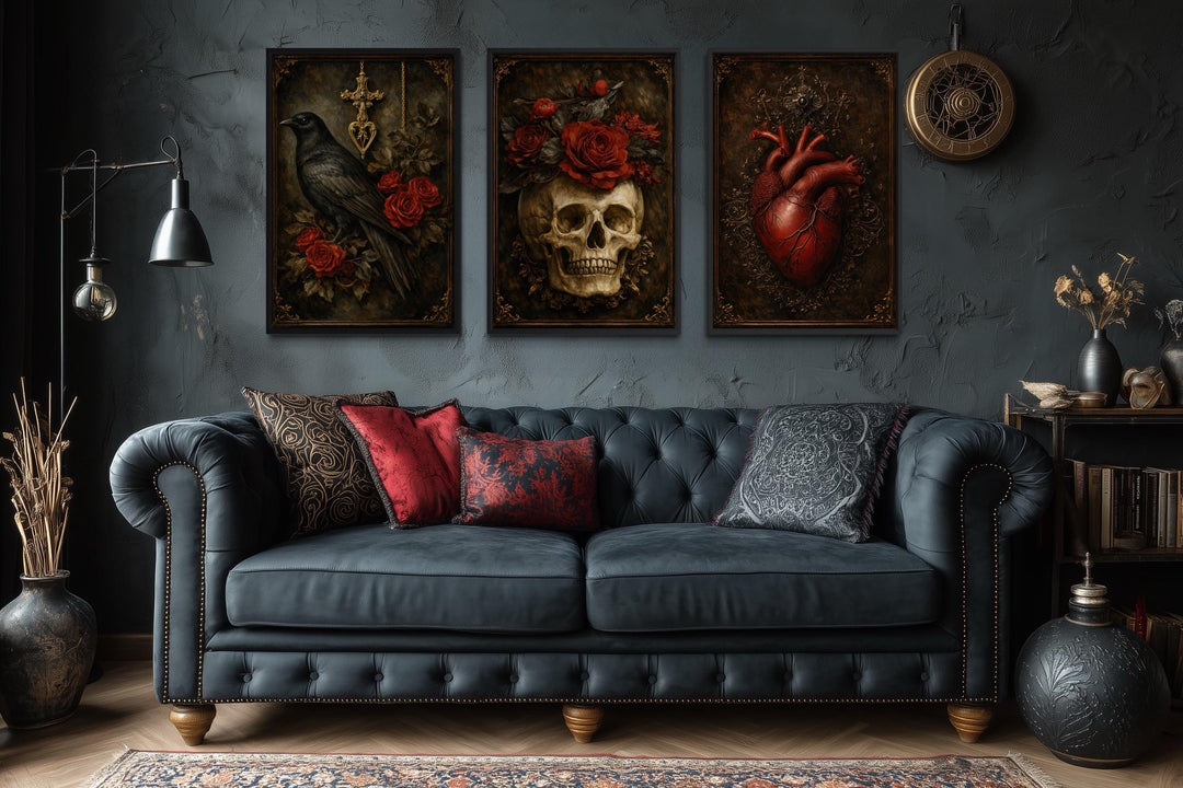 Gothic wall art set featuring a Victorian triptych of a raven, skull, and anatomical heart.