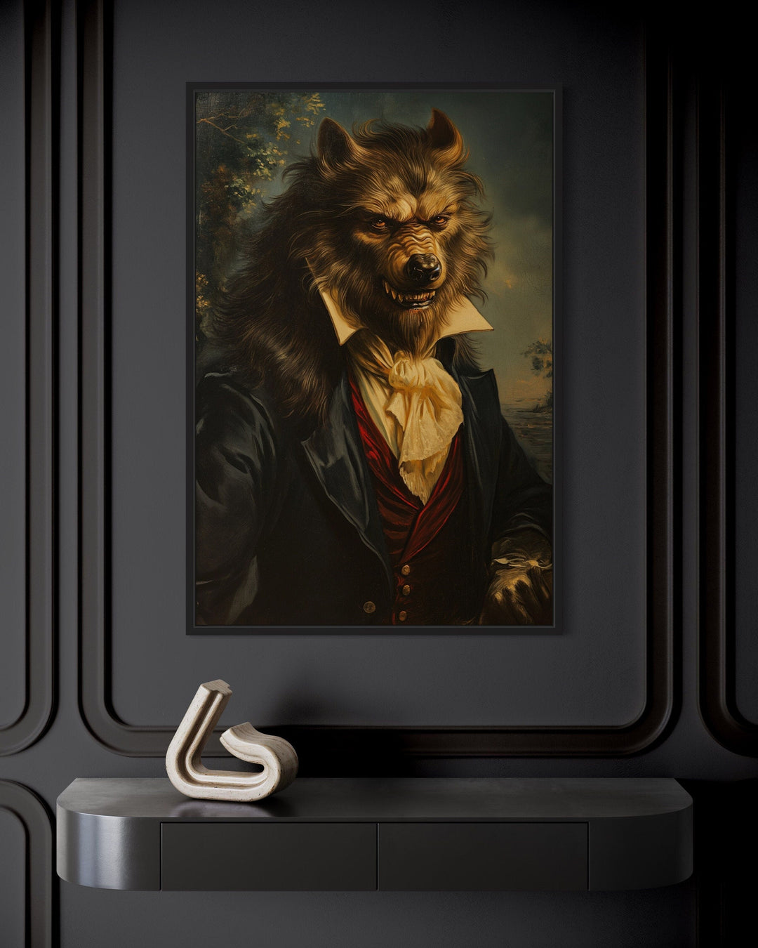 Gothic werewolf portrait framed canvas wall art.
