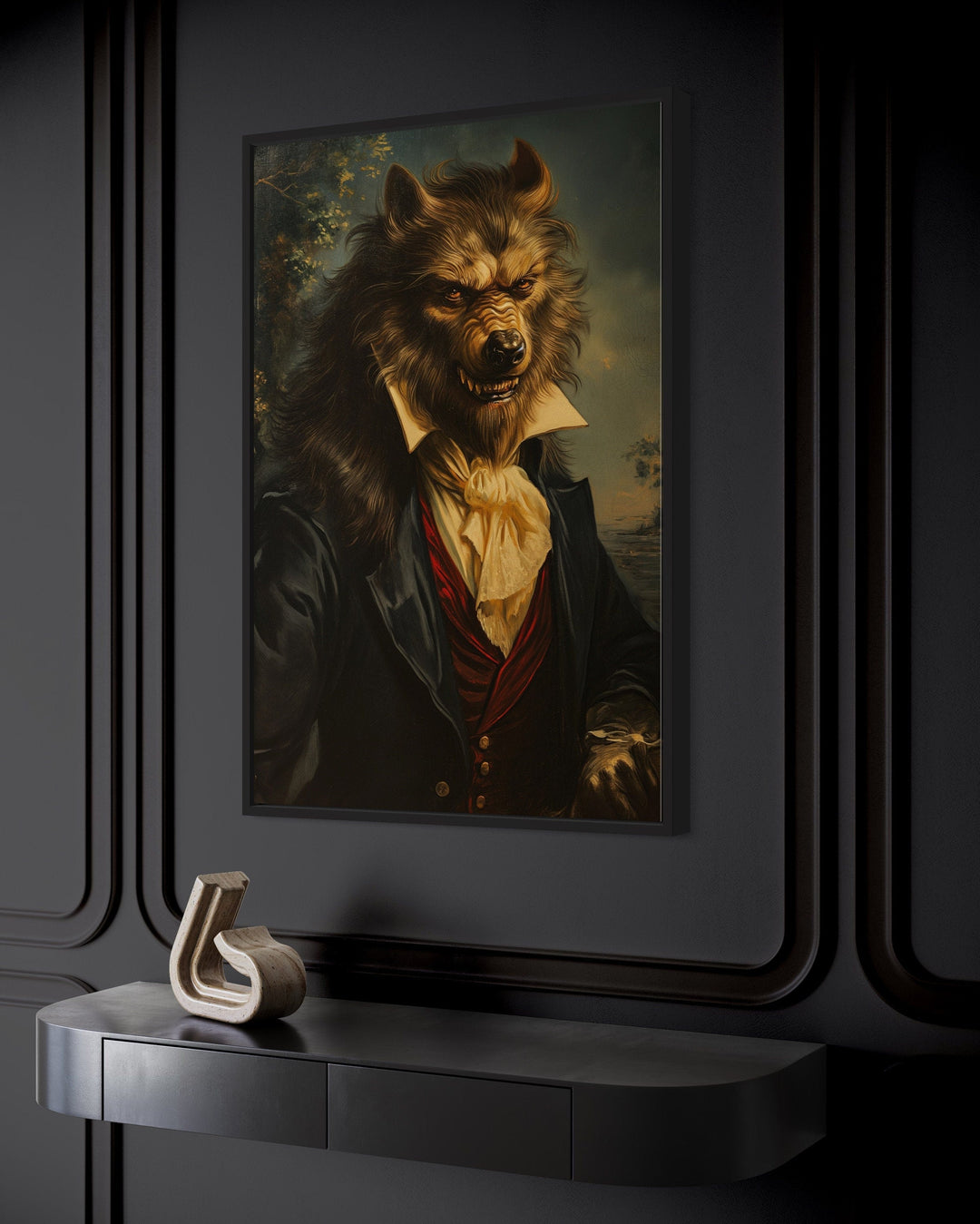 Gothic werewolf portrait framed canvas wall art.