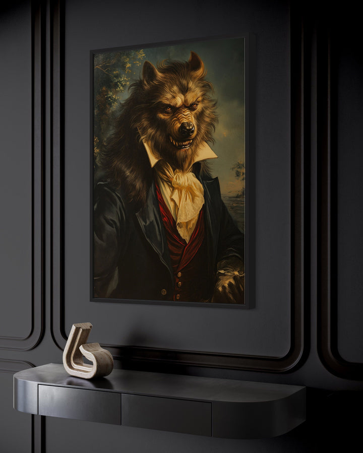 Gothic werewolf portrait framed canvas wall art.