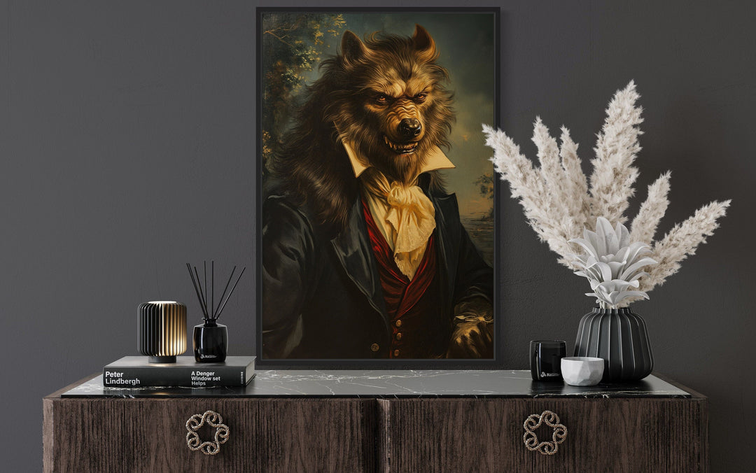 Gothic werewolf portrait framed canvas wall art.