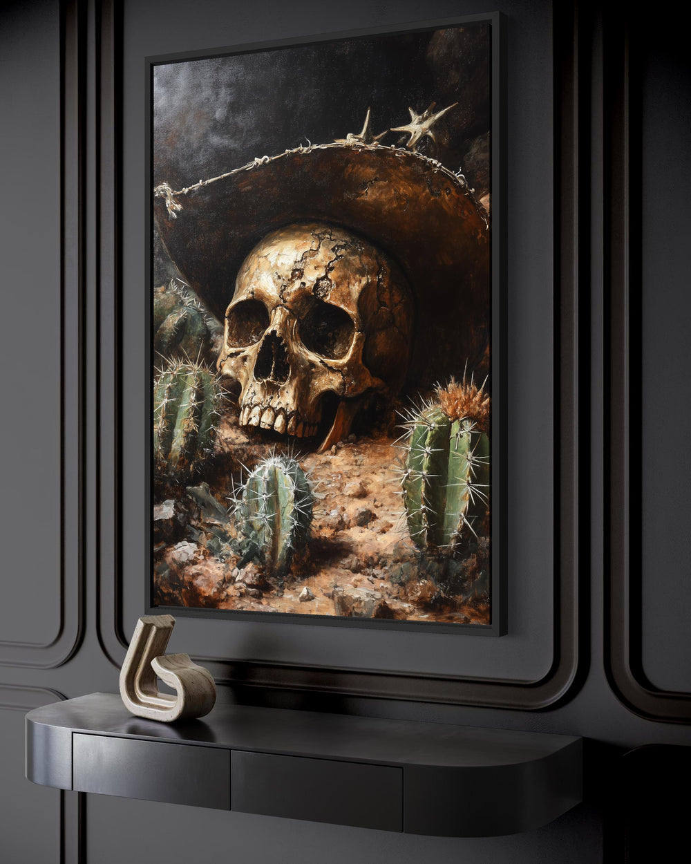 Gothic Western skull canvas print featuring a skeleton in a cowboy hat among desert cacti.