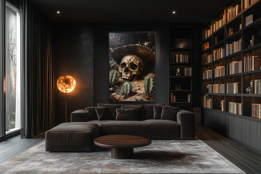 Gothic Western skull canvas print featuring a skeleton in a cowboy hat in a moody, dark living room.