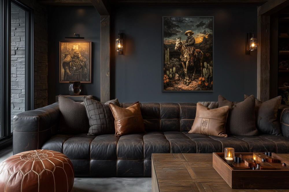 Gothic Western wall art featuring a skeleton cowboy on horseback in a moody, dark-toned living room.