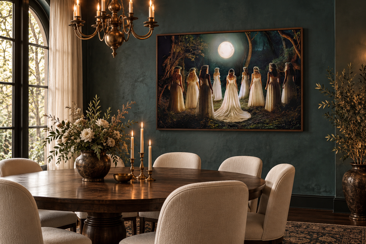 Witches dancing in a circle in a magical forest under a full moon wall art in a dining room.