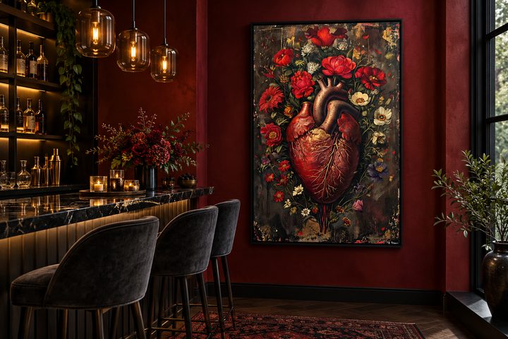 Gothic framed wall art of a human heart surrounded by red and white flowers in a dark room.