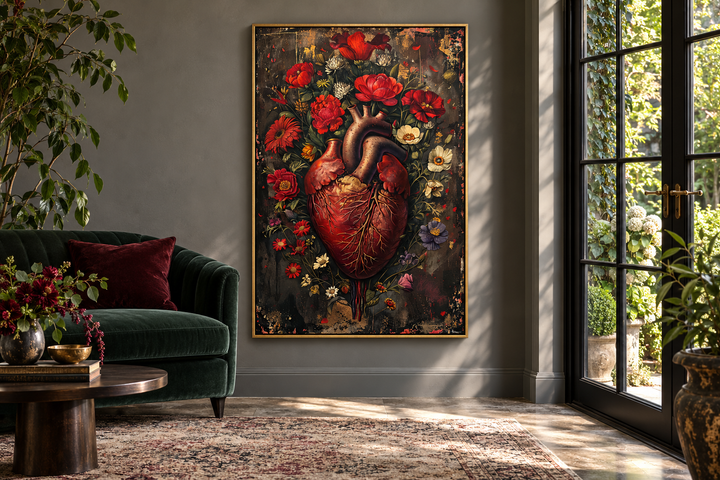 Gothic human heart and flowers framed wall art in a dark living room with a green velvet sofa.