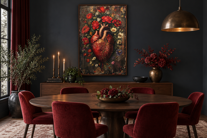 Gothic human heart and red flowers framed wall art in a dark, moody dining room setting.
