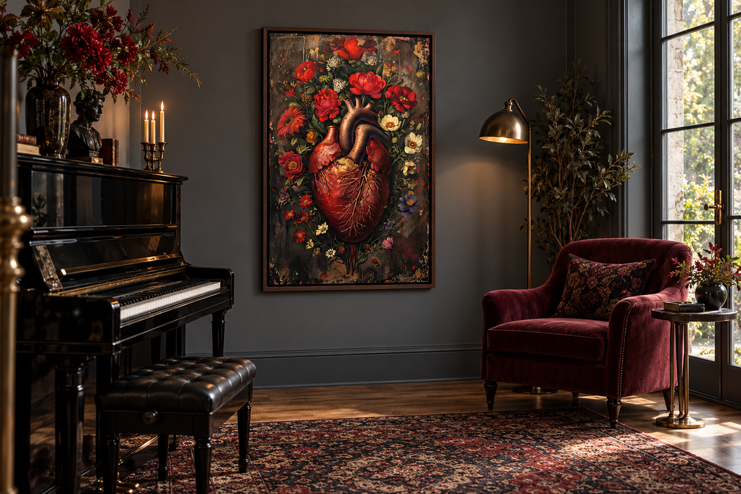 Gothic human heart and flowers framed wall art hanging in a moody, dark academia living room.