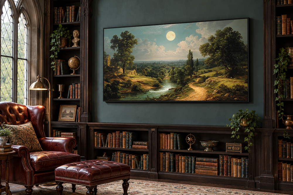 Gothic full moon landscape framed canvas wall art hanging in a dark wood library setting.