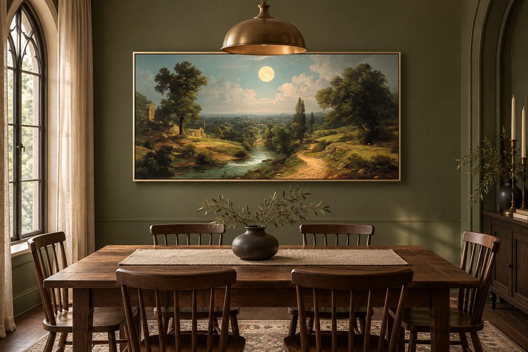 Gothic full moon landscape framed canvas wall art hanging above a wooden dining table.