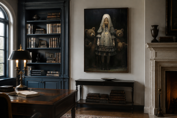 Gothic Goldilocks and the Three Bears framed canvas wall art in a dark academia library setting.