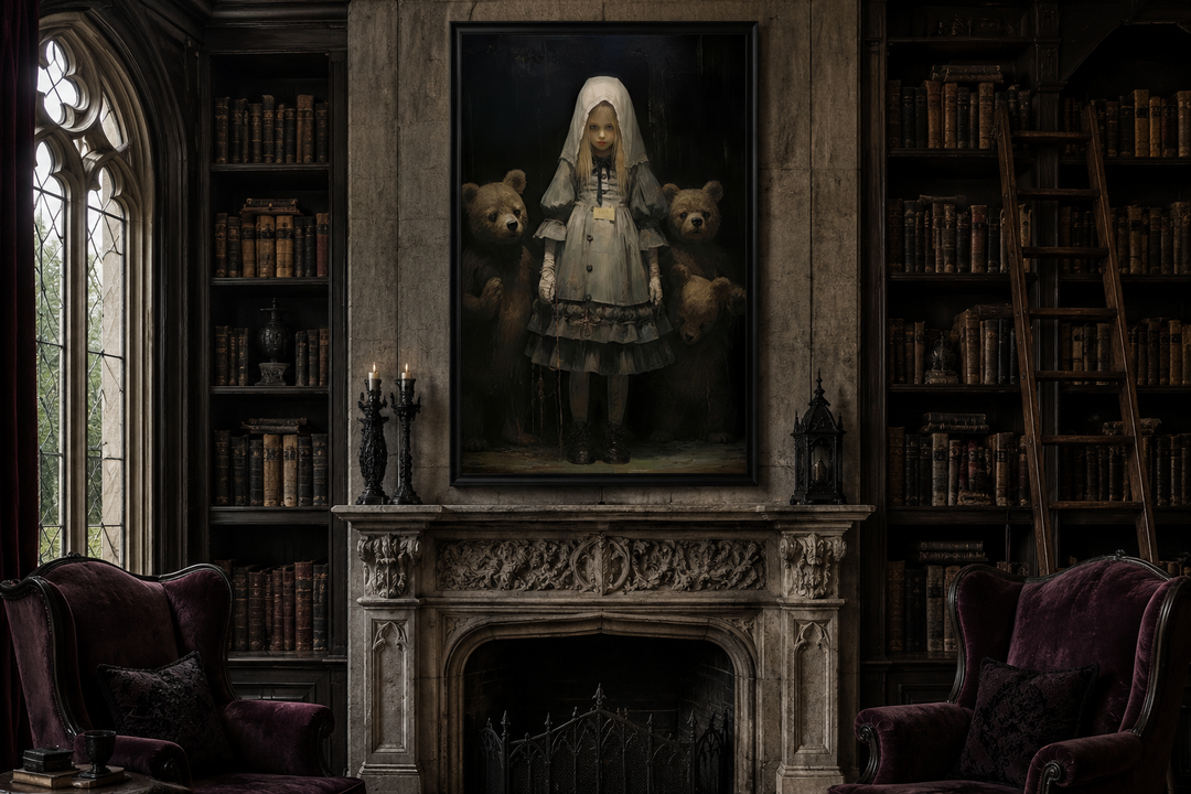 Gothic Goldilocks and the Three Bears framed canvas art above a fireplace in a dark library.