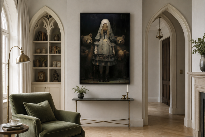Gothic Goldilocks and the Three Bears framed canvas wall art in a dark academia library setting.