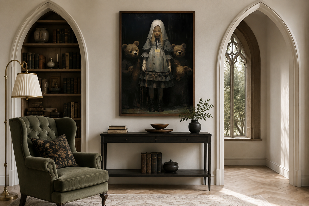 Gothic Goldilocks and the Three Bears framed canvas wall art in a dark academia library setting.