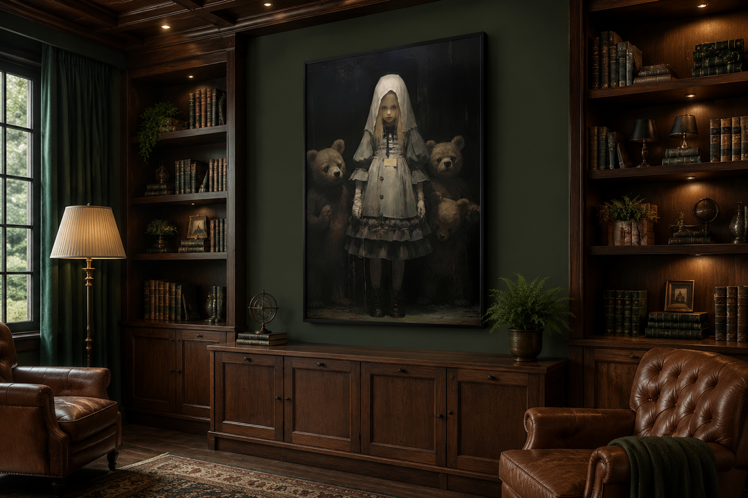 Gothic Goldilocks and the Three Bears framed canvas art in a dark wood library with leather chairs.