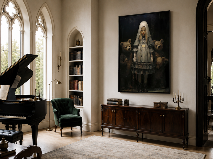 Gothic Goldilocks and the Three Bears framed canvas wall art in a dark academia library setting.