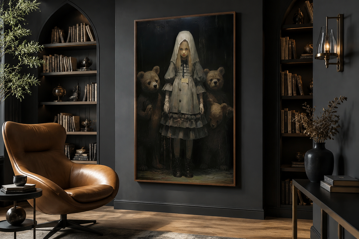 Gothic Goldilocks and the Three Bears framed canvas art in a dark library with a leather chair.