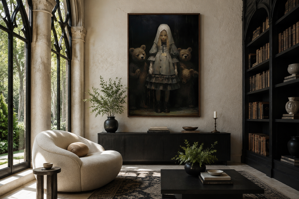 Gothic Goldilocks and the Three Bears framed canvas wall art in a dark academia library setting.