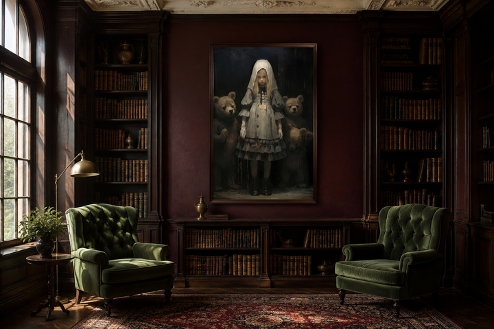 Gothic Goldilocks and the Three Bears framed canvas art in a dark academia library setting.
